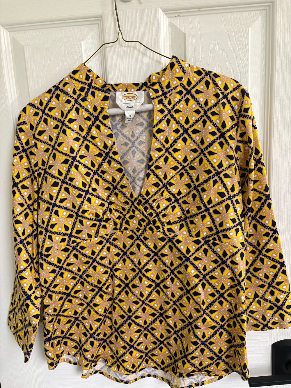 Talbots Yellow and Navy Geometric V-Neck Tunic